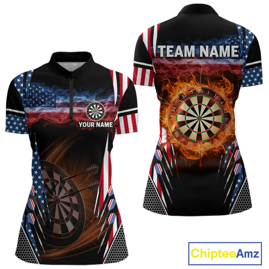 Personalized American Flag Dartboard Fire Flame Darts Shirt For Women, Patriotic Darts League Jersey TDM4796