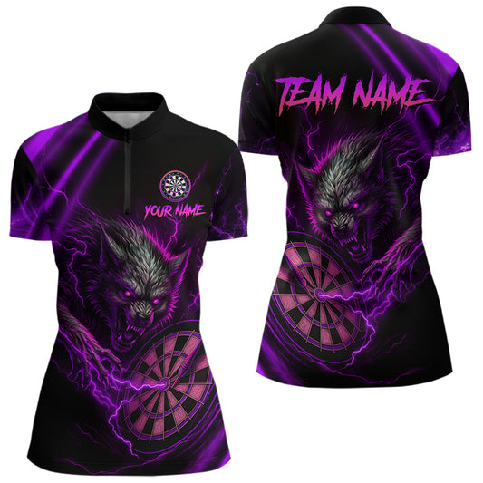 Personalized Purple Thunder Lightning Wolf Darts Shirt For Women, Darts Team Jersey Polo & 1/4 Zip TDM4384