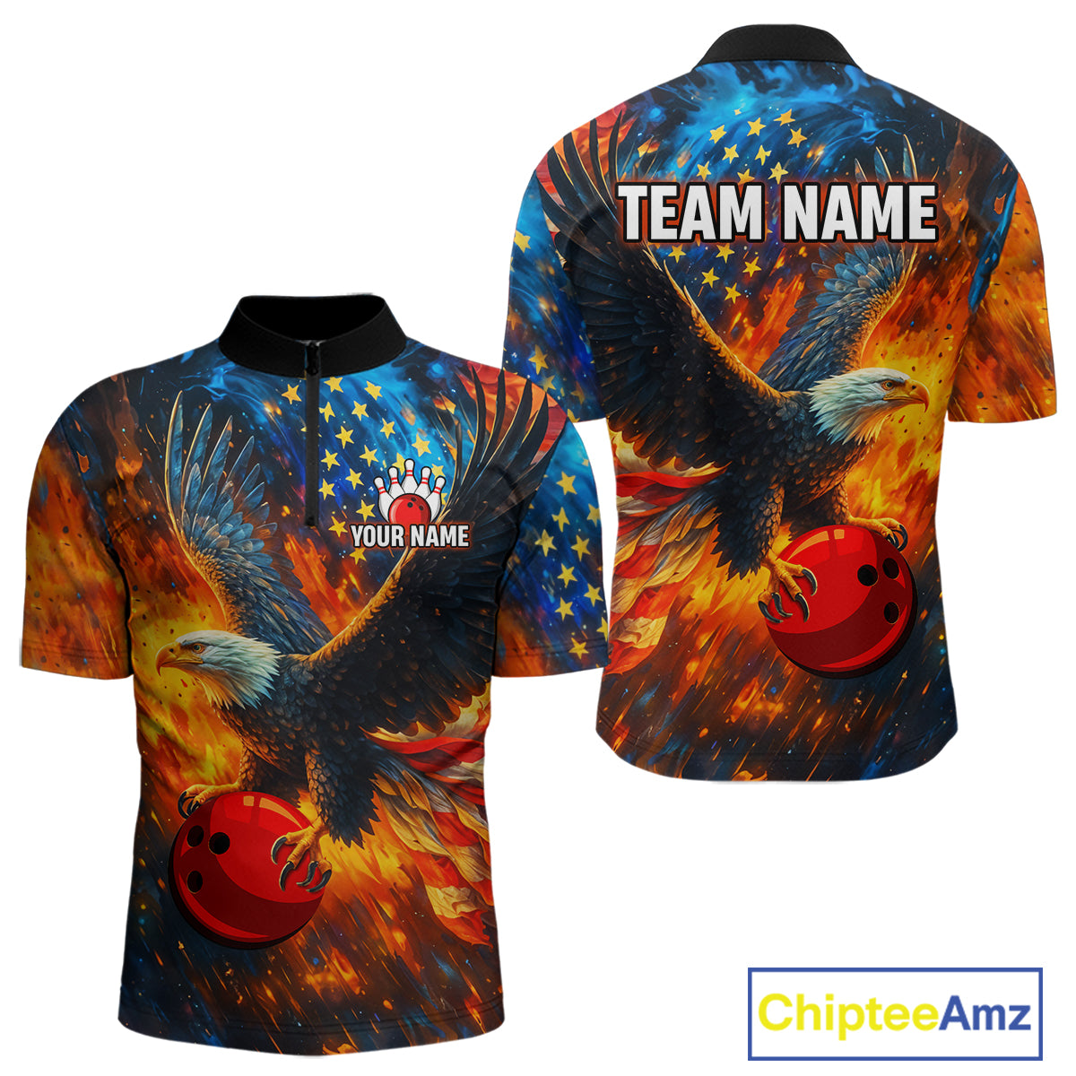 Personalized Orange Flaming American Flag Bowling Shirt For Men Custom Eagle Bowling Team Jersey TDM4642