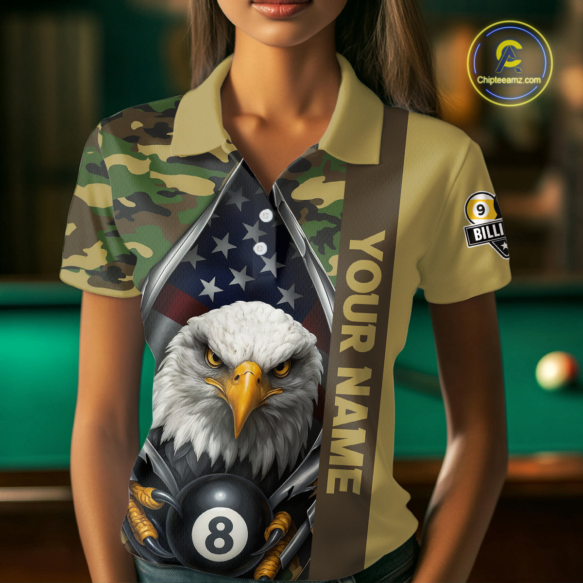 Green Camo American Flag Eagle 8 Ball & 9 Ball Pool Jersey For Women Custom Billiard Team Shirt TDM4659