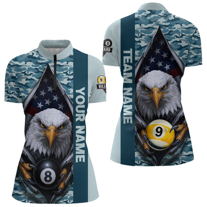 Blue Camo American Flag Eagle 8 Ball & 9 Ball Pool Jersey For Women Custom Billiard Team Shirt TDM4660