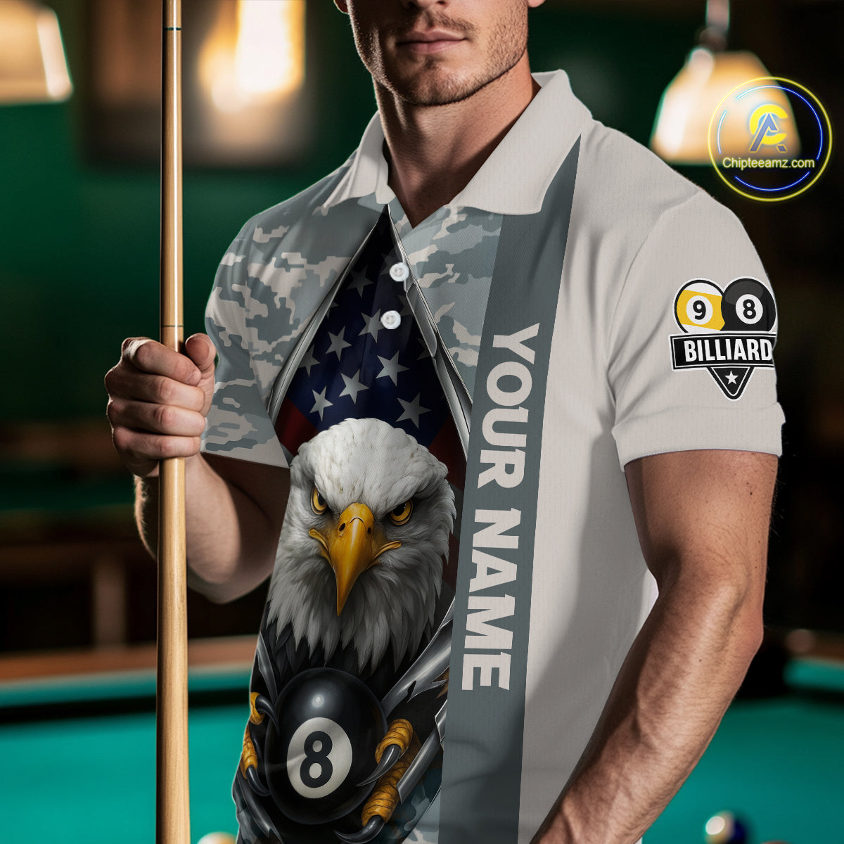 Grey Camo American Flag Eagle 8 Ball & 9 Ball Pool Jersey For Men Custom Billiard Team Shirt TDM4661