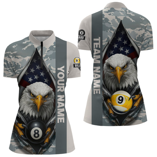 Grey Camo American Flag Eagle 8 Ball & 9 Ball Pool Jersey For Women Custom Billiard Team Shirt TDM4661