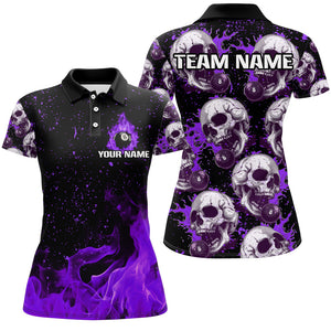 Custom Purple Billiard Skull Fire 8 Ball Women Polo & Quarter-Zip Shirts, Grunge Pool Team Jerseys TDM2829