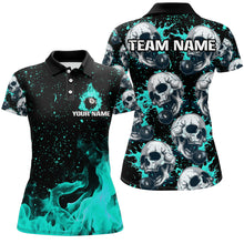 Load image into Gallery viewer, Custom Turquoise Billiard Skull Fire 8 Ball Women Polo &amp; Quarter-Zip Shirts, Grunge Pool Team Jerseys TDM2830