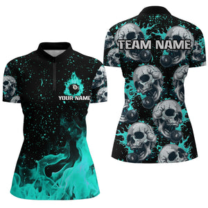 Custom Turquoise Billiard Skull Fire 8 Ball Women Polo & Quarter-Zip Shirts, Grunge Pool Team Jerseys TDM2830