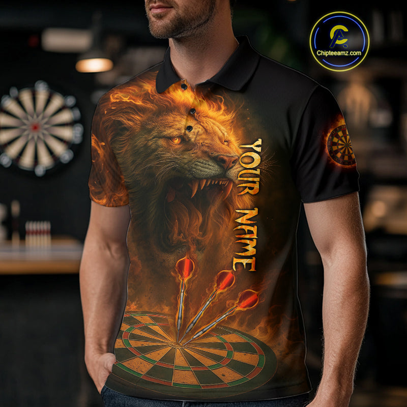 Personalized Fire Flame Lion Darts Shirt For Men Custom Orange Darts League Jersey Polo & 1/4 Zip TDM4678