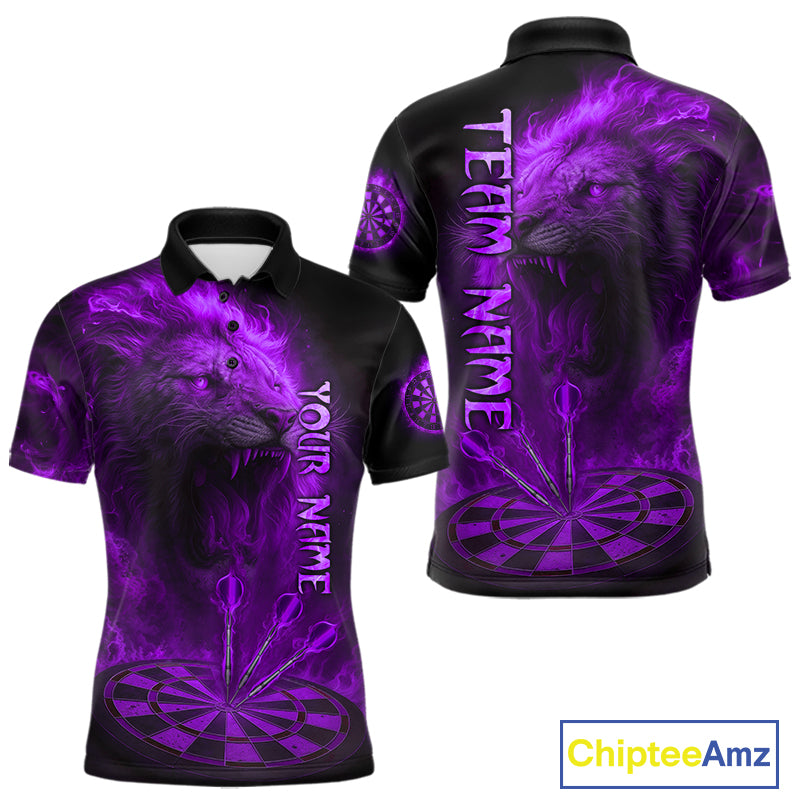 Personalized Fire Flame Lion Darts Shirt For Men Custom Purple Darts League Jersey Polo & 1/4 Zip TDM4679
