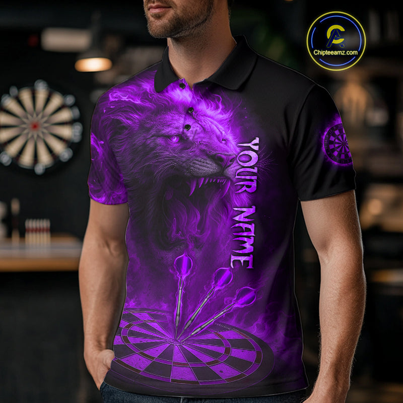 Personalized Fire Flame Lion Darts Shirt For Men Custom Purple Darts League Jersey Polo & 1/4 Zip TDM4679