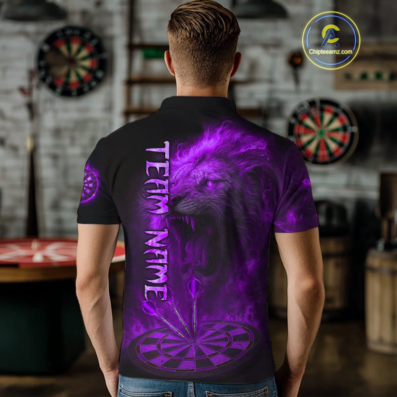 Personalized Fire Flame Lion Darts Shirt For Men Custom Purple Darts League Jersey Polo & 1/4 Zip TDM4679