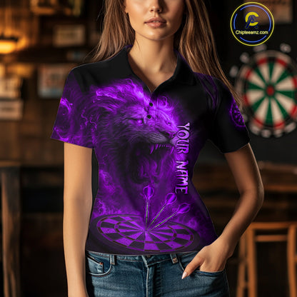 Personalized Fire Flame Lion Darts Shirt For Women Custom Purple Darts League Jersey Polo & 1/4 Zip TDM4679