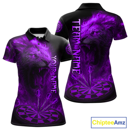 Personalized Fire Flame Lion Darts Shirt For Women Custom Purple Darts League Jersey Polo & 1/4 Zip TDM4679