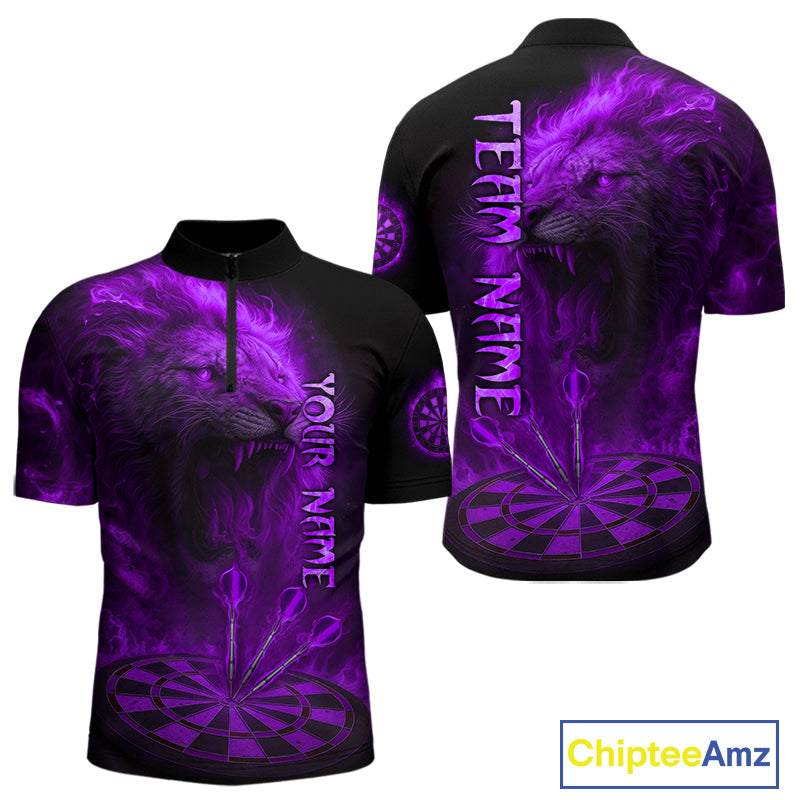 Personalized Fire Flame Lion Darts Shirt For Men Custom Purple Darts League Jersey Polo & 1/4 Zip TDM4679