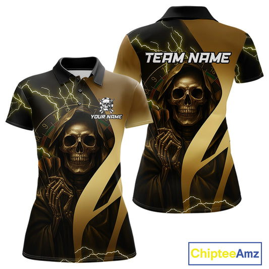 Personalized Golden Grim Reaper Lightning Darts Shirt For Women, Darts Team Jersey Polo &1/4 Zip TDM4271