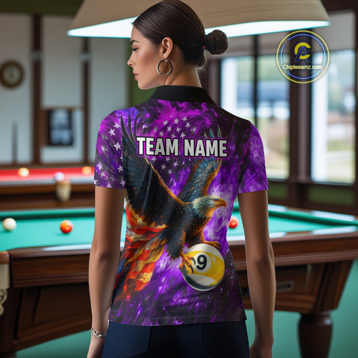 Personalized Purple Flaming US Flag 8 Ball & 9 Ball Eagle Billiard Shirt For Women, Pool Team Jersey TDM4436