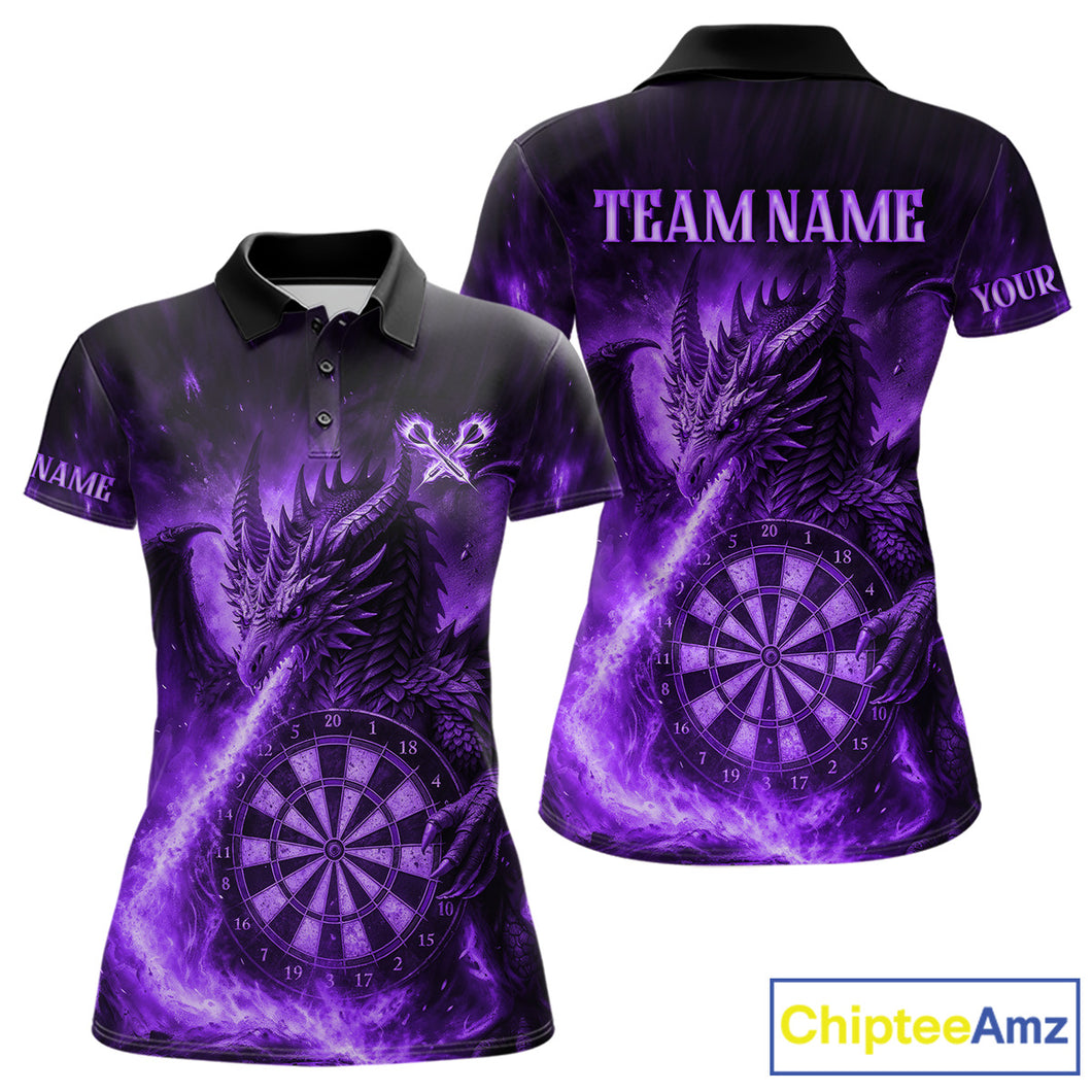 Purple Flaming Dragon Darts Jersey For Women Custom Polo & Quarter Zip Darts League Team Shirt TDM4556