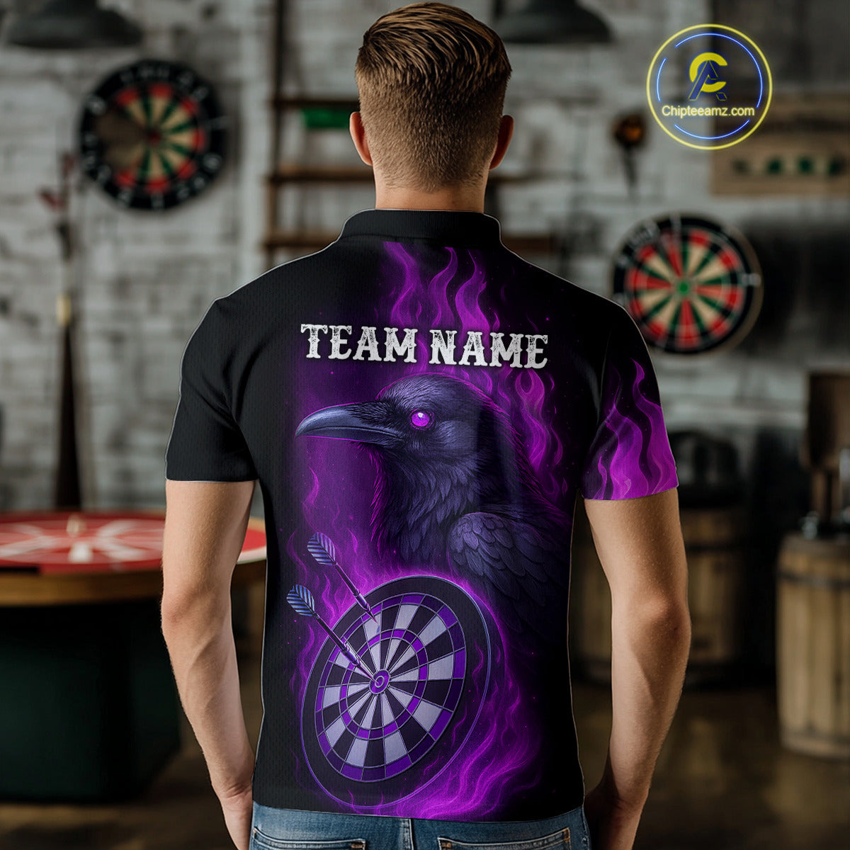 Black And Purple Flame Raven Darts Shirt For Men Custom Halloween Darts Team Jersey Outfit TDM4577