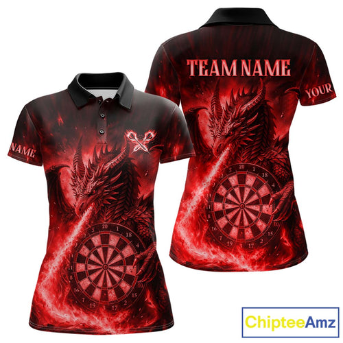Red Flaming Dragon Darts Jersey For Women Custom Polo & Quarter Zip Darts League Team Shirt TDM4586