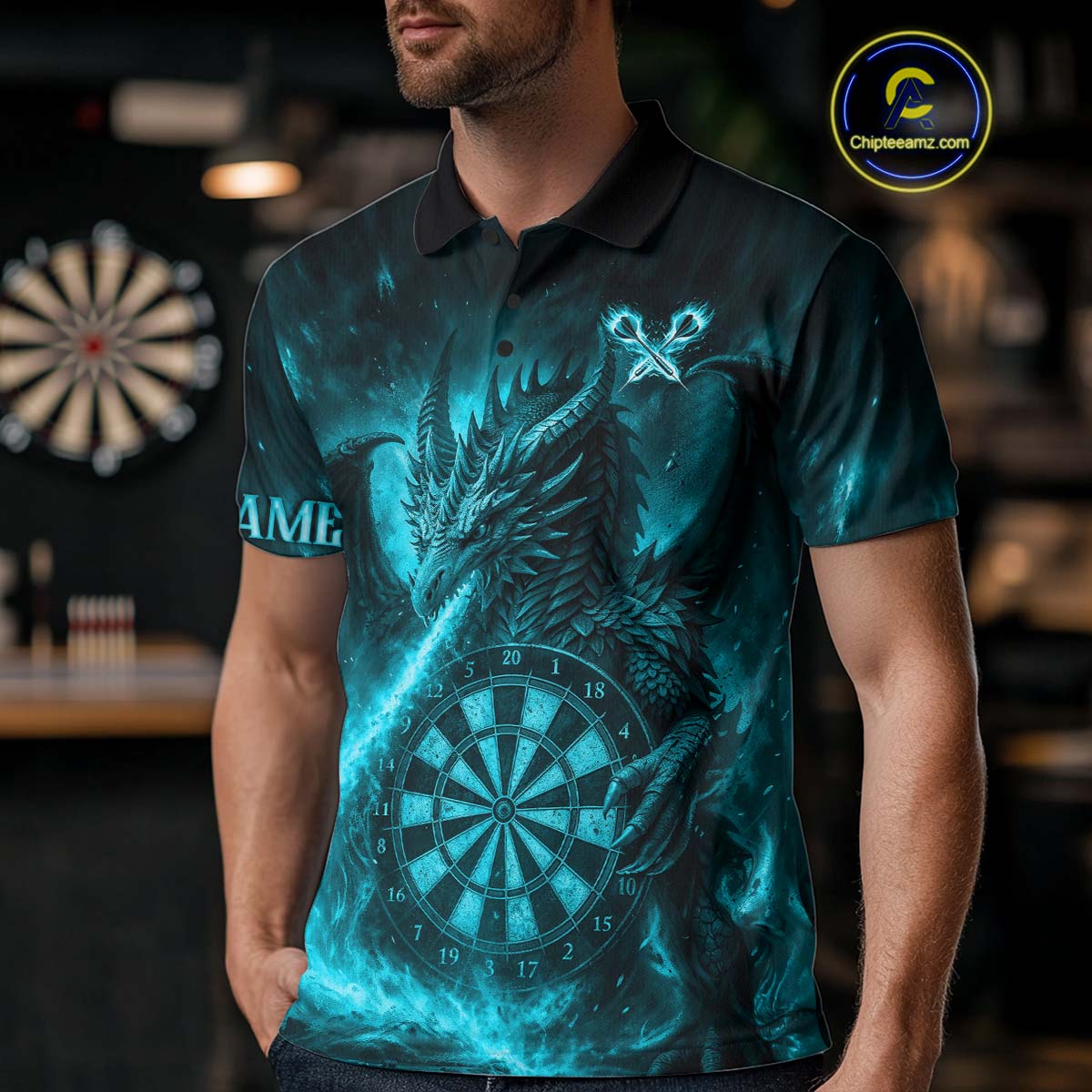 Turquoise Flaming Dragon Darts Jersey For Men Custom Polo & Quarter Zip Darts League Team Shirt TDM4587