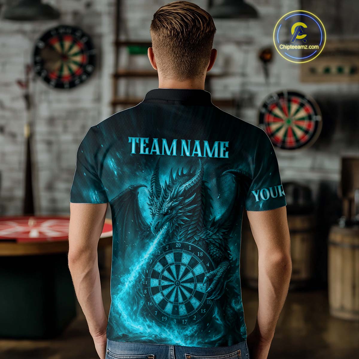 Turquoise Flaming Dragon Darts Jersey For Men Custom Polo & Quarter Zip Darts League Team Shirt TDM4587