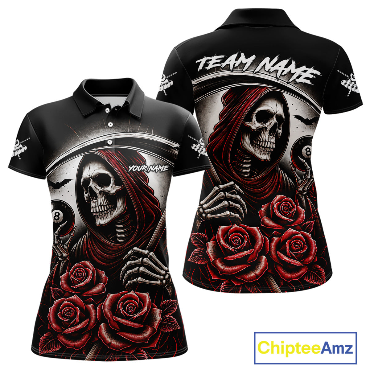 Grim Reaper 8 Ball Pool Roses Billiard Shirt For Women Custom Funny Pool Team Shirt Design |Red TDM4235