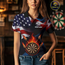 Load image into Gallery viewer, Personalized Flaming Dartboard American Flag Darts Shirt For Women Custom Patriotic Dart Team Jersey TDM4682