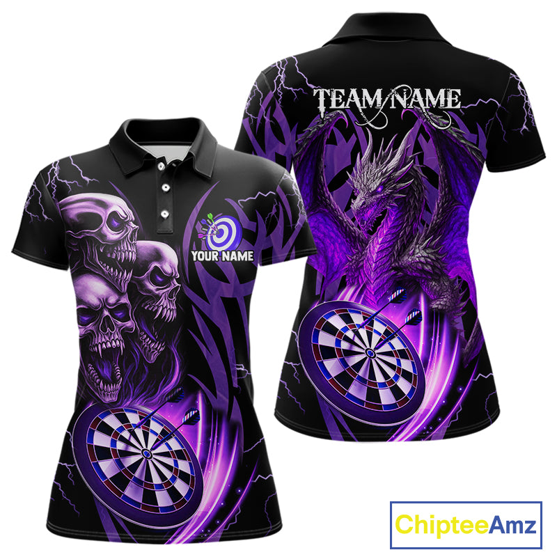 Personalized Skull & Dragon Darts Shirt For Women Custom Lightning Dartboard Team Jersey |Purple TDM4537