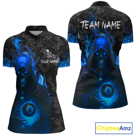 Customized Blue Flaming Grim Reaper 8 Ball Pool Billiard Shirt For Women, Halloween Billiard Outfit TDM4789
