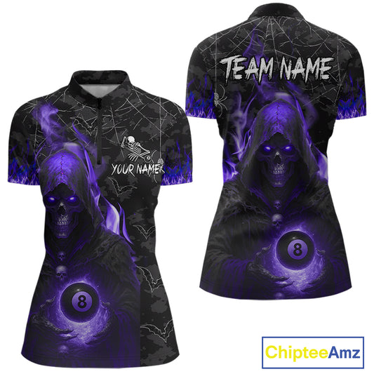 Customized Purple Flame Grim Reaper 8 Ball Pool Billiard Shirt For Women, Halloween Billiard Outfit TDM4790