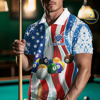 American Flag Billiard Balls Pool Shirt For Men Custom Patriotic Billiard Jersey Polo & 1/4 Zip TDM4606