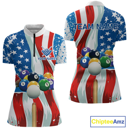 American Flag Billiard Balls Pool Shirt For Women Custom Patriotic Billiard Jersey Polo & 1/4 Zip TDM4606