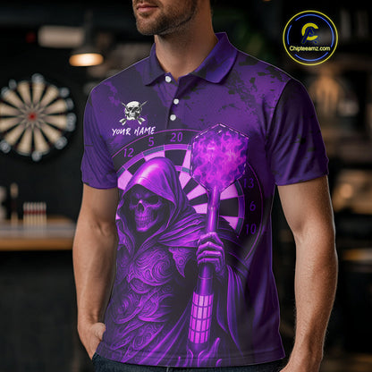 Personalized Purple Grunge Grim Reaper Darts Shirt For Men Custom 3D Darts Jersey Polo & 1/4 Zip TDM4742