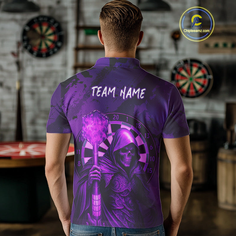 Personalized Purple Grunge Grim Reaper Darts Shirt For Men Custom 3D Darts Jersey Polo & 1/4 Zip TDM4742