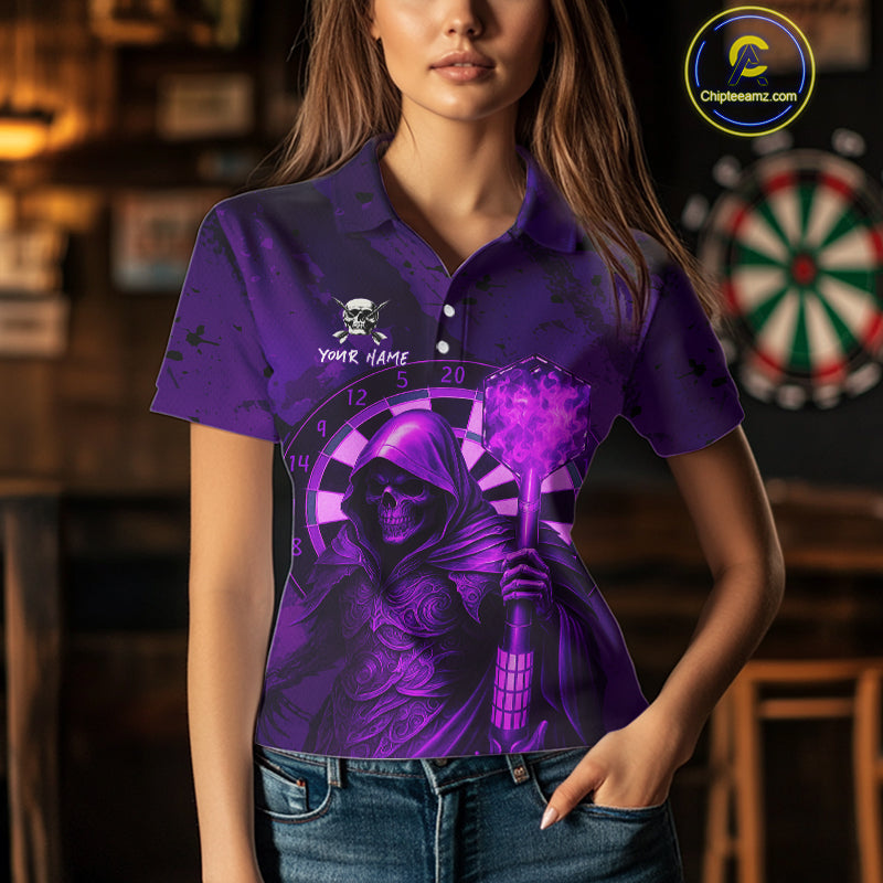 Personalized Purple Grunge Grim Reaper Darts Shirt For Women Custom 3D Darts Jersey Polo & 1/4 Zip TDM4742