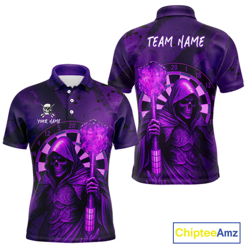 Personalized Purple Grunge Grim Reaper Darts Shirt For Men Custom 3D Darts Jersey Polo & 1/4 Zip TDM4742
