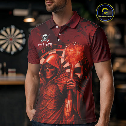 Personalized Red Grunge Grim Reaper Darts Shirt For Men Custom 3D Dart Team Jersey Polo & 1/4 Zip TDM4744