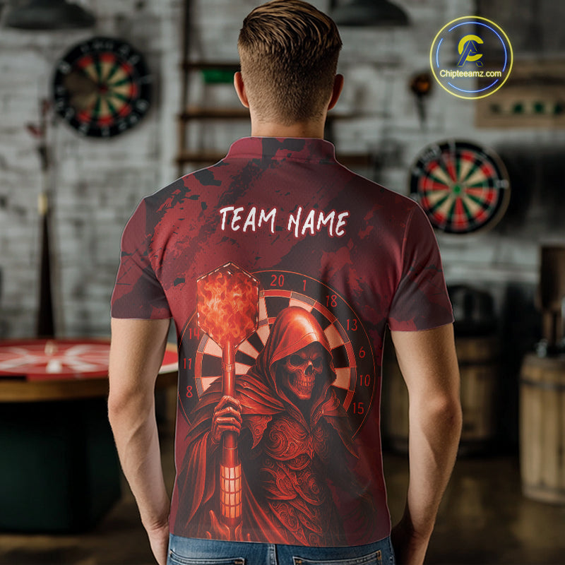 Personalized Red Grunge Grim Reaper Darts Shirt For Men Custom 3D Dart Team Jersey Polo & 1/4 Zip TDM4744