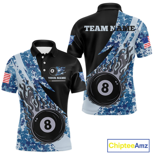 Personalized flame 8 ball pool military blue camo billiard team jersey polo shirt for men, custom pool league apparel and tournament jersey with military camouflage design.