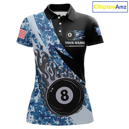 Personalized flame 8 ball pool military blue camo billiard team jersey polo shirt for women, custom pool league apparel and tournament jersey with military camouflage design.