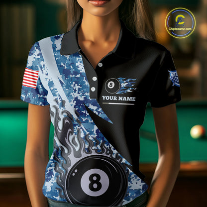 Woman wearing personalized flame 8 ball pool military blue camo billiard polo shirt front view.