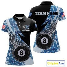 Load image into Gallery viewer, Personalized flame 8 ball pool military blue camo billiard team jersey polo shirt for women, custom pool league apparel and tournament jersey with military camouflage design.