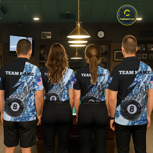 Load image into Gallery viewer, Billiard team wearing matching personalized military blue camo flame 8 ball pool jerseys back view.