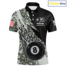 Load image into Gallery viewer, Personalized flame 8 ball pool military grey camo billiard team jersey polo shirt for men, custom pool league apparel and tournament jersey with military camouflage design.