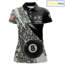 Load image into Gallery viewer, Personalized flame 8 ball pool military grey camo billiard team jersey polo shirt for women, custom pool league apparel and tournament jersey with military camouflage design.