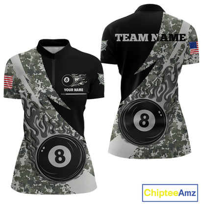 Personalized flame 8 ball pool military grey camo billiard quarter zip shirt for women, custom military camo pool team jersey and tournament apparel.