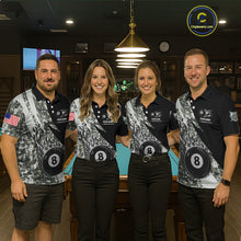 Load image into Gallery viewer, Billiard team wearing matching military grey camo flame 8 ball pool jerseys front view.
