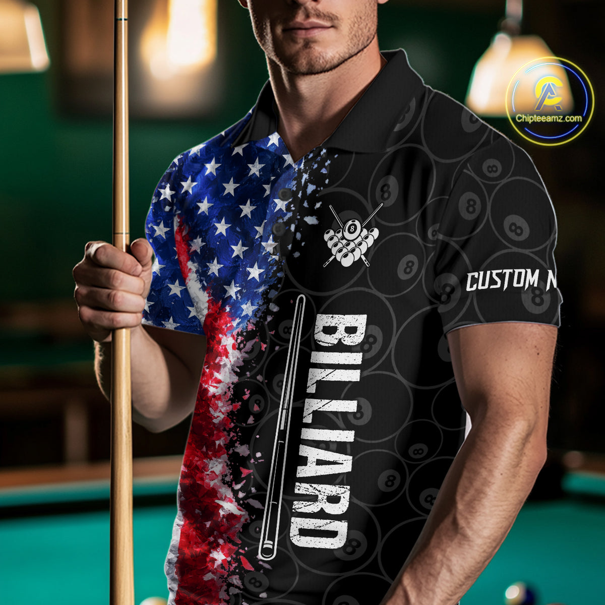 Grunge American Flag 8 Ball Pool Billiard Shirt For Men Custom Billiard Team Jersey Polo & 1/4 Zip TDM5891