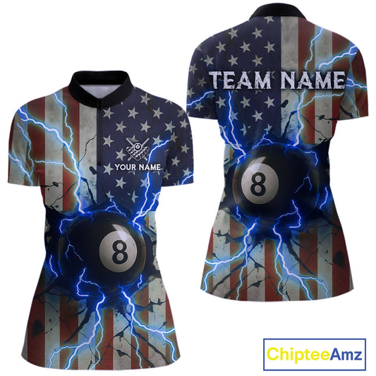 Blue 8 Ball Lightning American Flag Billiard Shirt For Women Custom Patriotic Pool Team Jersey TDM5404