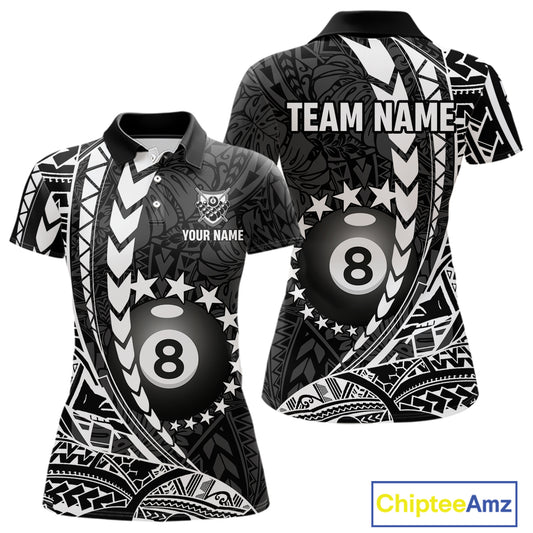 Custom black and white 8 ball pool tribal billiard team jersey polo shirt for women featuring detailed tribal artwork, premium custom pool league apparel for tournaments, league matches and competitive billiard teams.
