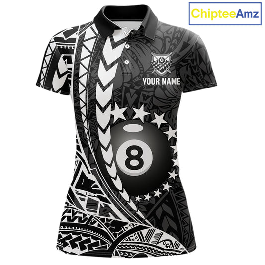 Custom black and white 8 ball pool tribal billiard team jersey polo shirt for women featuring detailed tribal artwork, premium custom pool league apparel for tournaments, league matches and competitive billiard teams.
